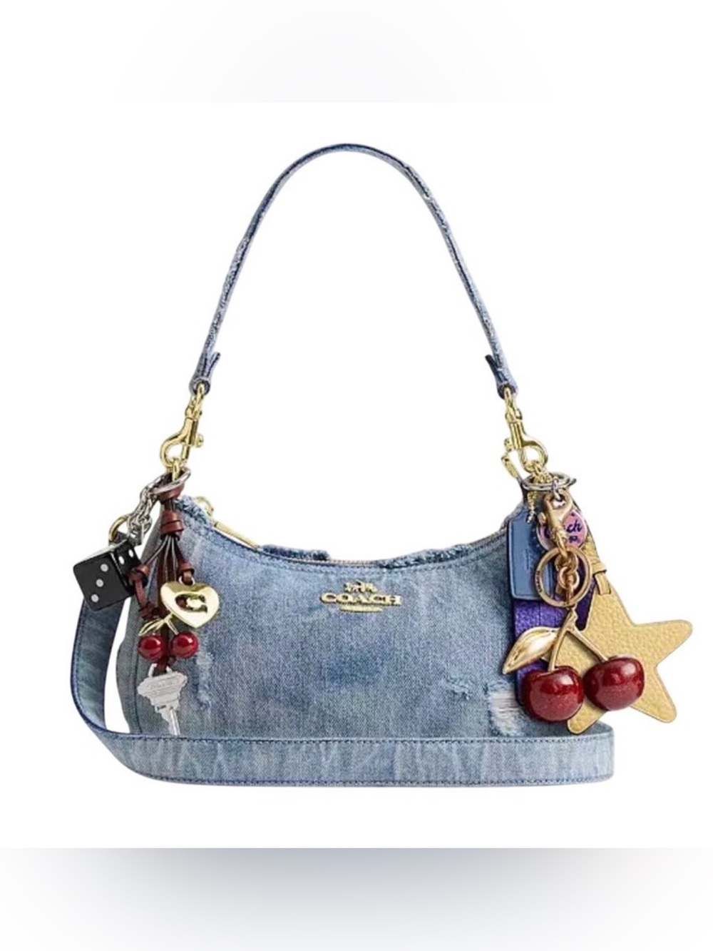 Coach Distress Denim Terry Shoulder Bag with  Charms- Light Blue